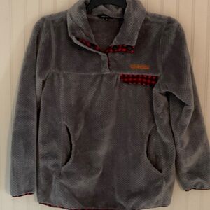 Simply Southern Gray Plush Pullover Hoodie with Red Buffalo Plaid Trim
